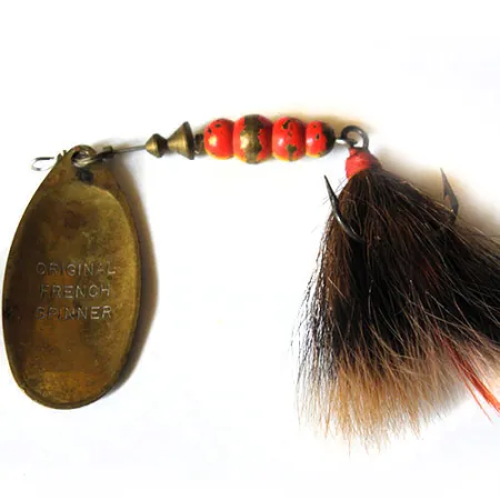 Mepps 5 Dressed Spinner, Weiß/Rot/Messing, 14.2g, Federdrilling, #0222