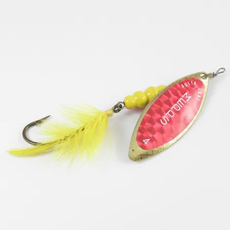 Mepps Aglia Long 4 Spinner, Rot/Gelb/Messing, 17g, Federpuschel, #2591