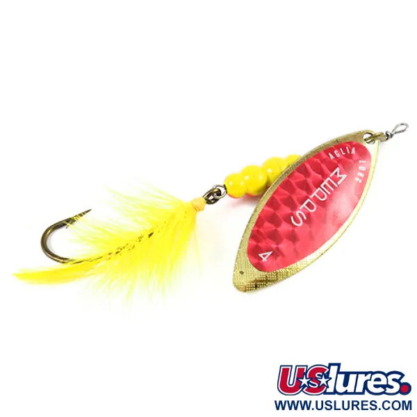 Mepps Aglia Long 4 Spinner, Rot/Gelb/Messing, 17g, Federpuschel, #2591