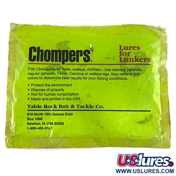 Chompers Single Tail Grub 8pcs Twister, Chartreuse Pepper, #7088